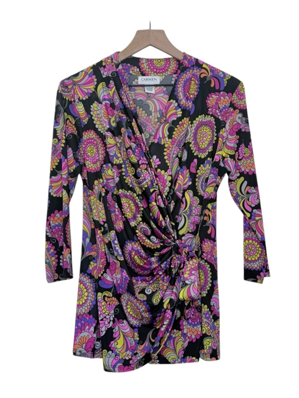 Carmen Mark Valvo Large Wrap Top Side Tie Stretch Bright Paisley Resort Fun